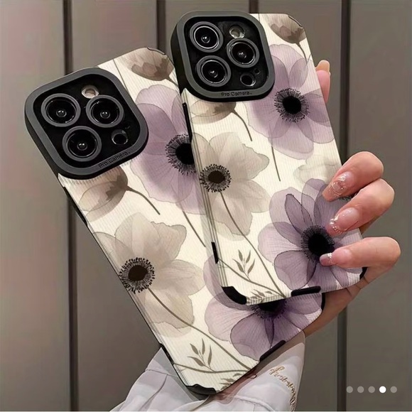 iPhone Phone Case Vertical Stripes PULeather Texture Purple Floral Pattern - Picture 4 of 5